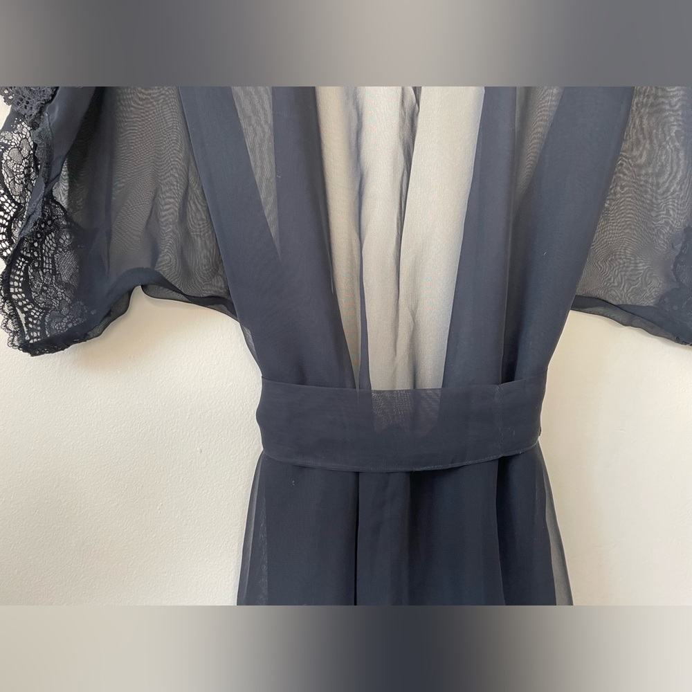 Vintage Black Silk Chiffon & Lace Lingerie Robe Size Small - Picture 9 of 15